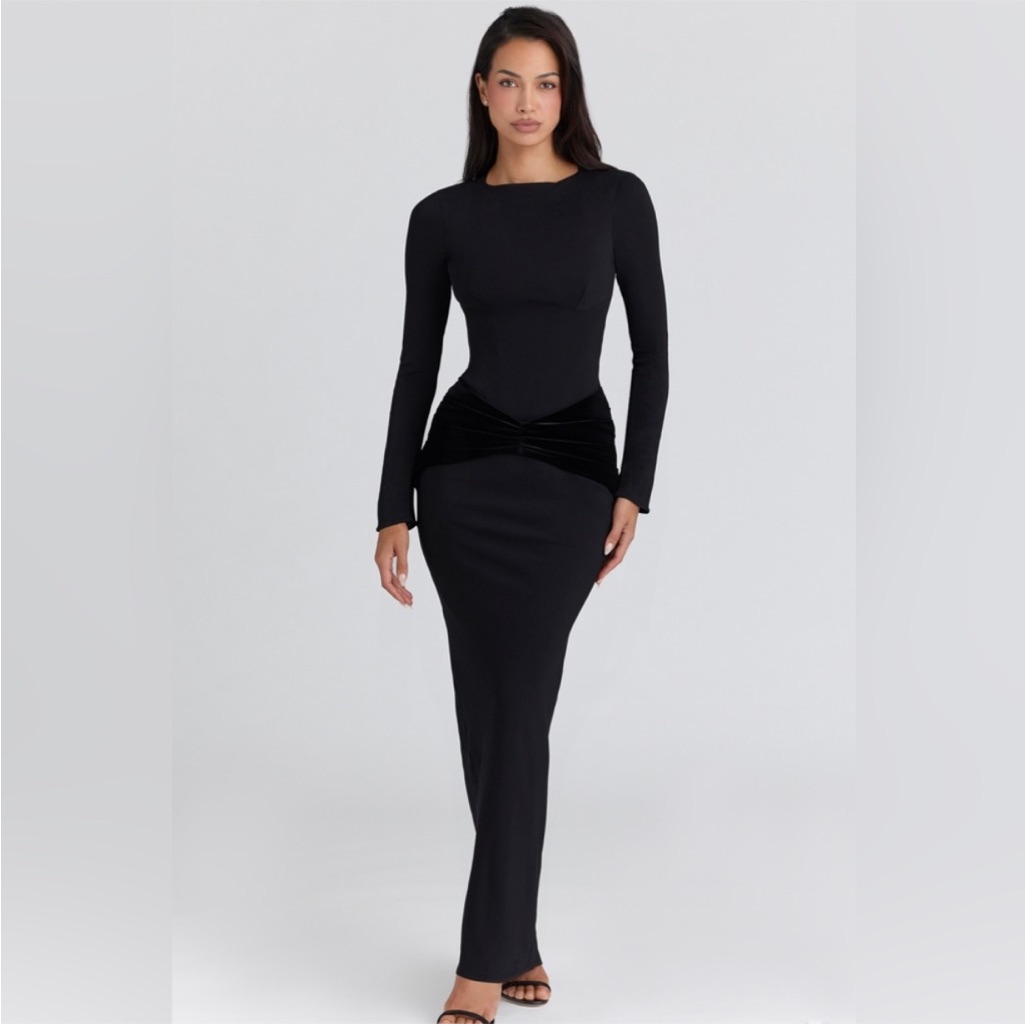 House Of Cb Athena Black Long Sleeve Crepe Jersey Maxi Dress